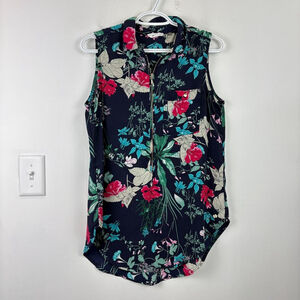 Point Zero Floral Zip Front Sleeveless Blouse Blue Red Mandarin Collar